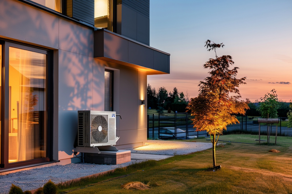 Modern home exterior with a heat pump system at dusk.